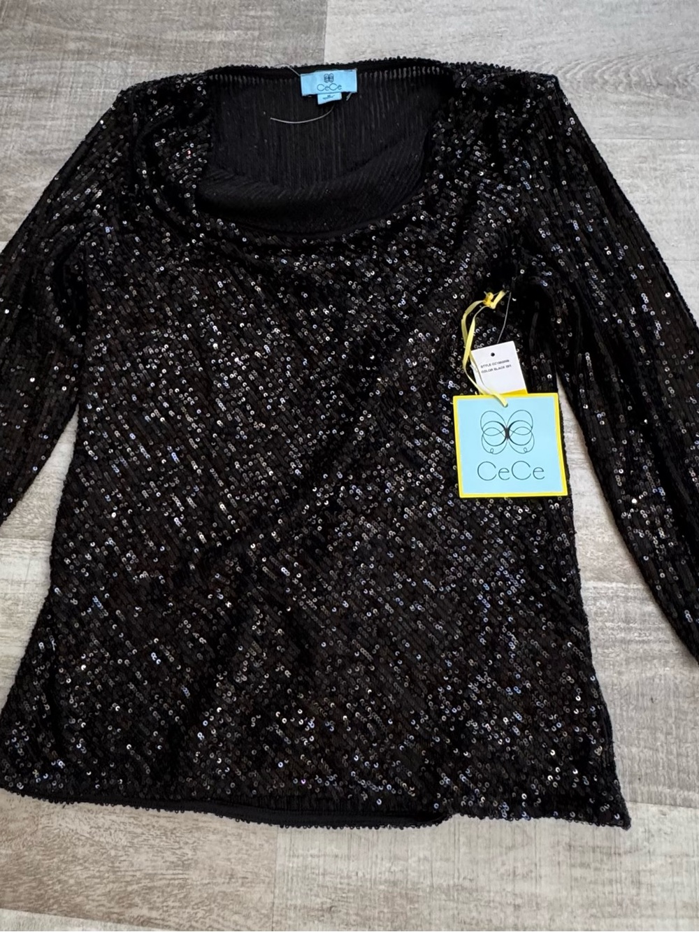 CeCe Black Sequin Long Sleeve Scoop Neck Top